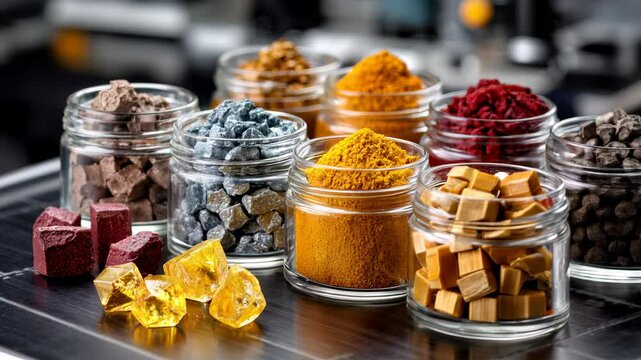 Rare earth elements in laboratory with colorful mineral samples for scientific analysis and research.