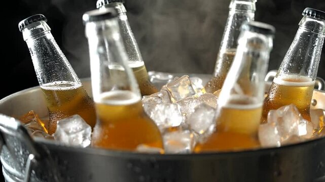 Botellines de cerveza frescos en un balde con hielos