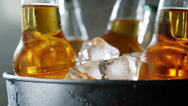 Botellines de cerveza frescos en un balde con hielos