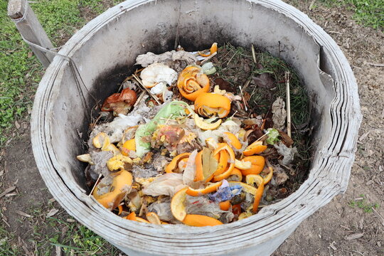 A compost bin that is completely filled with organic waste materials and various food scraps