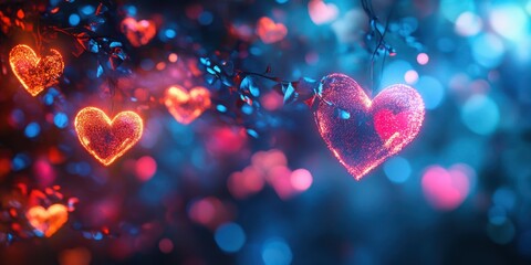 Colorful hearts illuminated by fairy lights create a romantic atmosphere in a nighttime garden setting