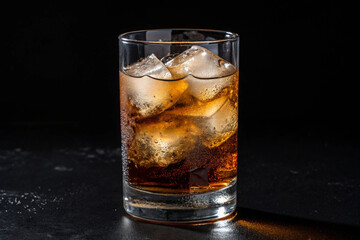 A cold Coke on a black background. Ice. Non-alcoholic drinks. Craft cola. Luxury. 