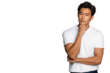 Confident and handsome Asian male model posing with thoughtful expression, isolated on transparent background, ideal for fashion or lifestyle concepts