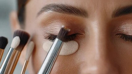 Professional eye makeup application tutorial with brushes and under-eye patches close-up - Powered by Adobe