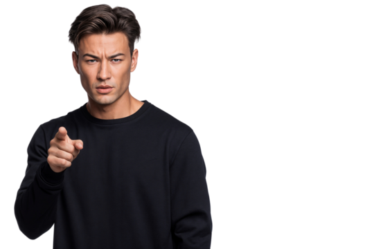 Angry man pointing forward with intense expression, showing frustration or accusation, isolated on transparent background