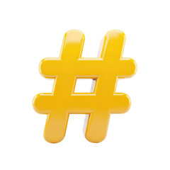 Obraz premium Isolated glossy vivid yellow hashtag symbol floating in a void with smooth rounded edges and bright highlights on transparent background