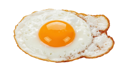 A fried egg with a bright orange yolk and a cooked white is isolated in the center of the image on transparent background