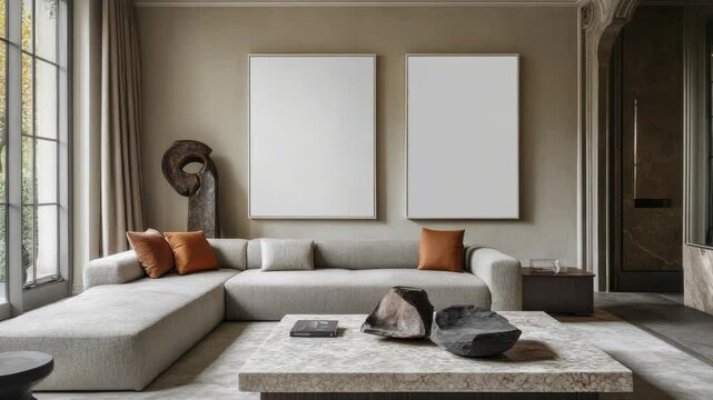 White empty posters frame above couch in modern living room with minimalist decor, neutral tones, and green indoor plants. Mockup. Copy space.