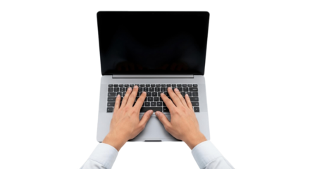 Person typing on a laptop computer with hands visible over the keyboard and the screen open wide on transparent background