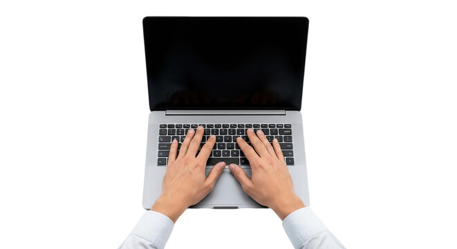 Person typing on a laptop computer with hands visible over the keyboard and the screen open wide on transparent background - Powered by Adobe