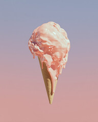 Melting pink ice cream cone in pastel tones with surreal minimal background