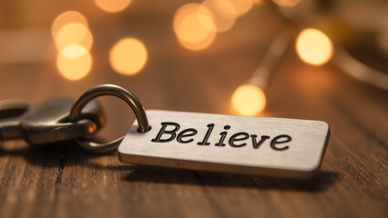 Inspirational Message on Keychain with Blurred Background of Soft Glowing Lights
