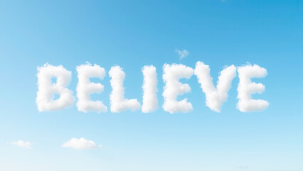 Inspirational Cloudy Sky with the Word Believe Formed from Fluffy White Clouds Above Blue Background