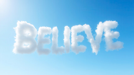Soft White Clouds Forming Inspirational Word Believe in Bright Blue Sky