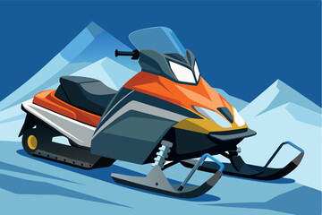 Sleek orange snowmobile parked against snowy mountains