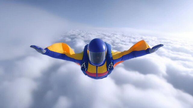 Soaring Amongst the Clouds: A wingsuit flyer takes flight against a backdrop of fluffy clouds, offering a breathtaking view of an adrenaline-fueled experience of the sky. 