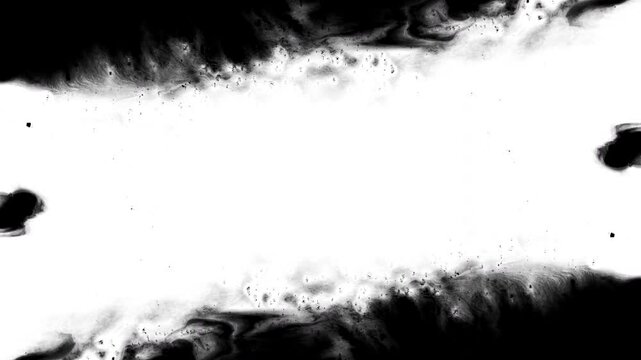 Black ink artistic flow splatter spots spills white paper beautiful reveal dripping streaks spread fluid ink alpha matte isolated watercolor ink drops transition	
