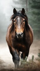 Majestic brown horse walking through misty forest path in early morning light