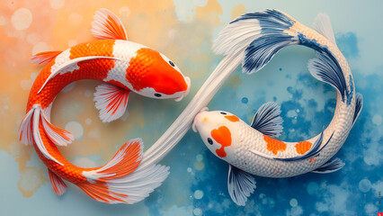 Colorful Koi Fish Swimming in Infinity Symbol with Artistic Background and Bright Colors