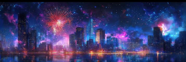 City skyline under cosmic fireworks night sky
