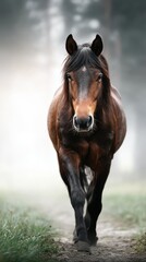 Fototapeta premium Majestic brown horse walks confidently along a misty forest path during early morning hours