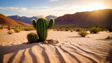 Scenic desert landscape featuring blooming cactus with white flower under sunlight, sandy dunes and mountain backdrop, arid climate vegetation