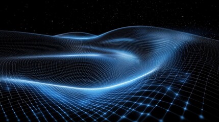 Abstract digital wave with glowing blue lines and grid pattern against a dark background