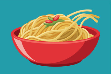 Delicious bowl of spaghetti topped with herbs sitting against a bright blue background