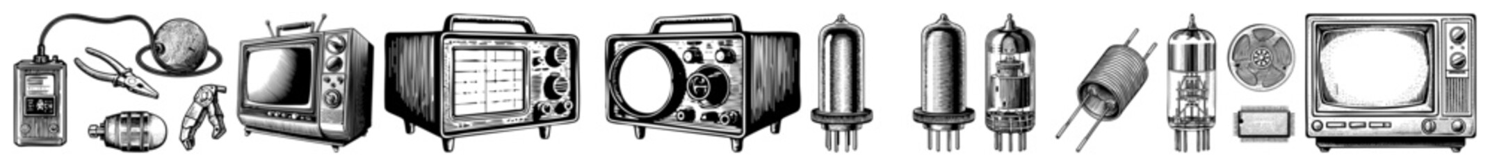 Vector Vintage electronics collection featuring radios televisions and vacuum tubes.