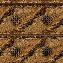 Seamless 4k photo texture of light brown fur creased material with straps and bronze elements.