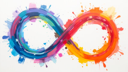 Colorful Infinity Symbol with Vibrant Brush Strokes and Paint Splashes on White Background