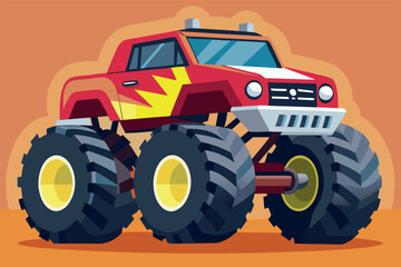 Fototapeta premium Colorful cartoon monster truck parked on a sandy terrain ready for a race