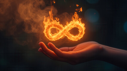 Hand Holding Flaming Infinity Symbol with Smoke Background in Mystical Setting