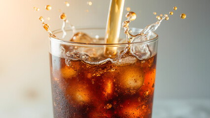 Refreshing Cola Drink with Ice Cubes and Splash in Glass Artfully Poured from Straw