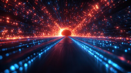 A vibrant digital tunnel with glowing red and blue lights converging towards a central point, creating a futuristic atmosphere.