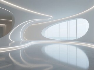 Modern Architectural Interior with Curved Lines and Reflective Floor