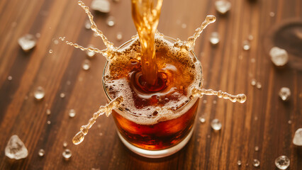 Close-Up of Beverage Pouring into Glass with Ice Splash on Wooden Surface