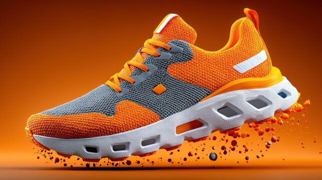 Bright orange and grey running shoe showcased in a dynamic splash against a vivid background at a product display event