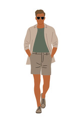 Vector illustration of young man in trendy summer street fashion and sunglasses walking, front view, isolated on transparent background. Perfect for style, urban lifestyle, youth, fashion designs.