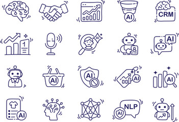 Innovative AI icons representing technology, business and communication concepts.