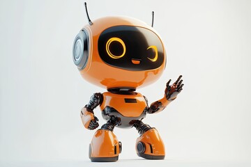 Cheerful orange robot, poised to interact