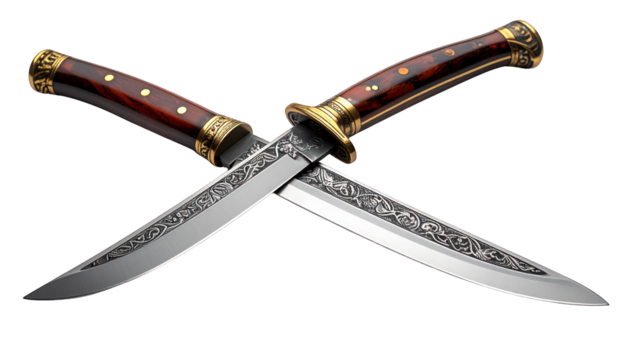 Ornate knives crossed over black background