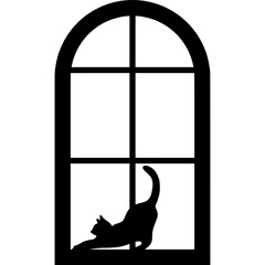Cat Stretching on Window Silhouette – Elegant Arched Frame Design