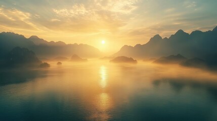 Fototapeta premium Golden Sunrise Over Misty Mountain Lake