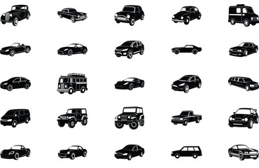 Car Collection Silhouette Vector Set (Front Side View) – Diverse Vehicle Designs Including Sedan, SUV, Coupe, Hatchback, Convertible, and Sports Cars in Angled Automotive Perspectives

