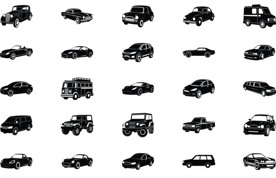Car Collection Silhouette Vector Set (Front Side View) – Diverse Vehicle Designs Including Sedan, SUV, Coupe, Hatchback, Convertible, and Sports Cars in Angled Automotive Perspectives

