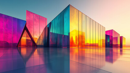 Futuristic architectural structure with vibrant, multicolored glass panels reflecting a glowing sunset on a smooth surface.