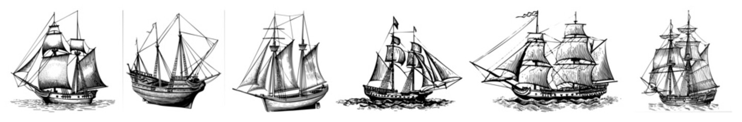 Vector Detailed illustrations of historic sailing ships showcase maritime heritage.