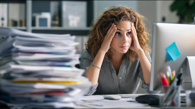 Stressed businesswoman at an office computer, holding her head in frustration. Surrounded by paperwork, spreadsheets, and compliance documents, illustrating burnout and mental health struggles.