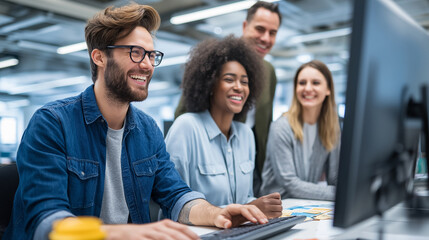 Group of diverse colleagues smiling and collaborating in a modern office environment around a computer screen.
